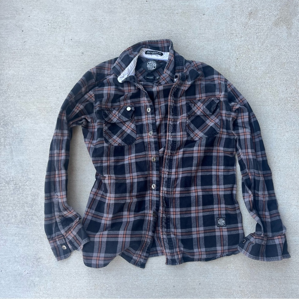 Obey Black Grey White Orange Oversized Button Up Flannel‎ Size M 100% Cotton